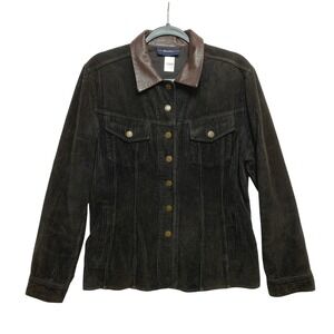 Breeches Jacket Womens M Dark Brown Leather Collar Corduroy Button Down Vintage